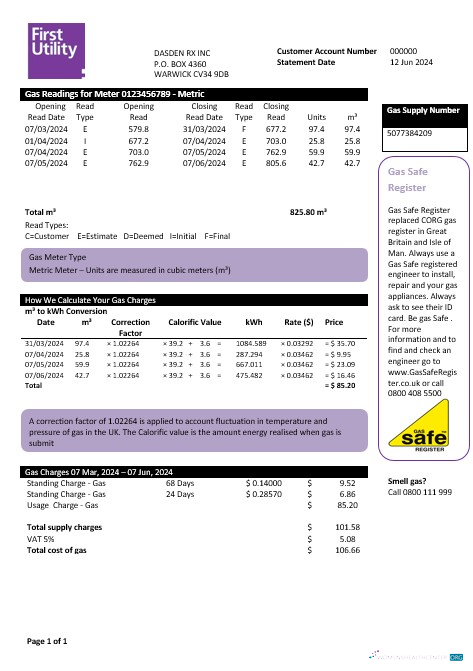 United Kingdom Warwick First business utility bill template in Word and PDF formats